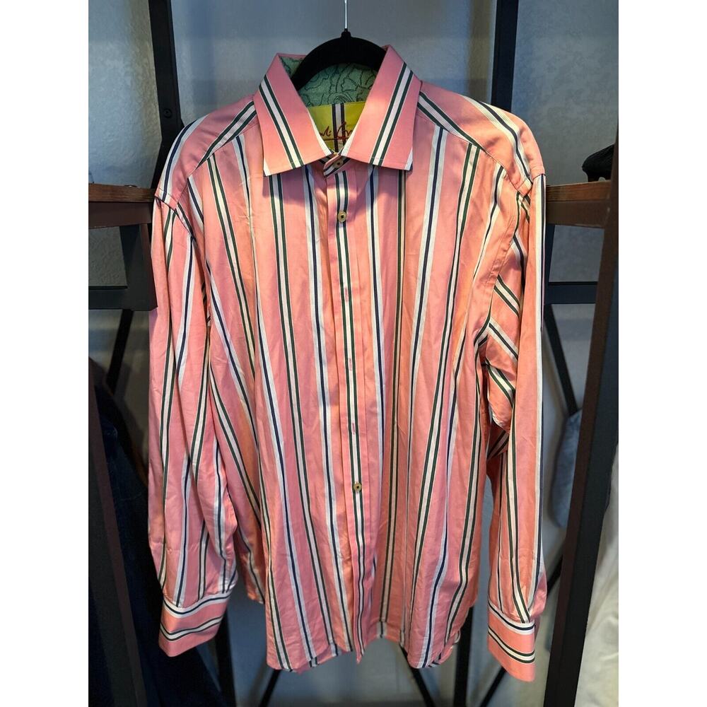 Robert Graham Cotton Shirt XL Pink Stripe Flip Cuff Knowledge Wisdom Truth